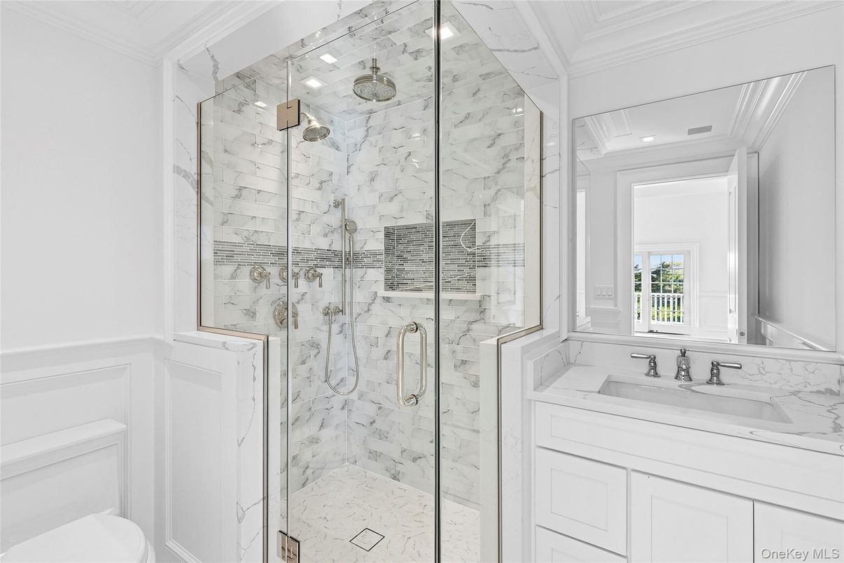 Bathroom, Glass Shower, Interior, Marble, Marble Walls, Recessed Lighting