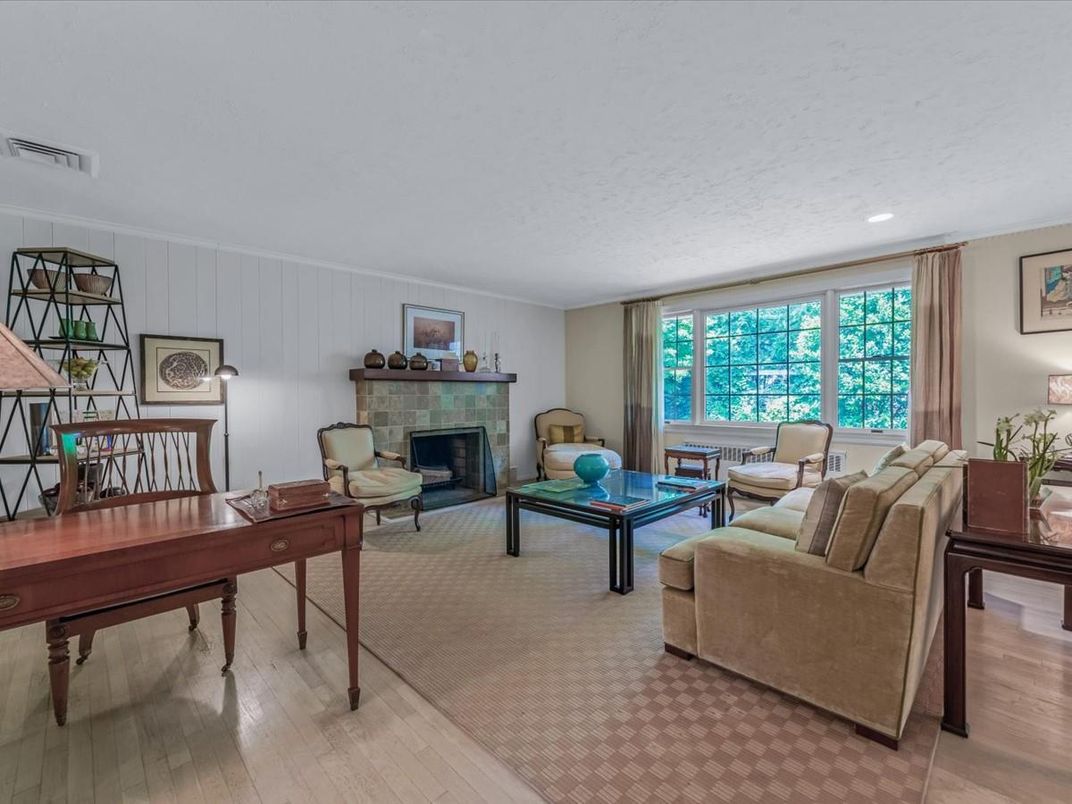 Fireplace, Home Office, Interior, Living room, Recessed Lighting, Wood Texture Flooring