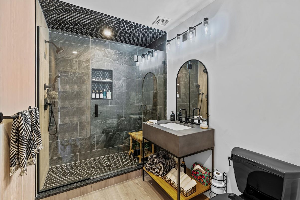 Bathroom, Glass Shower, Interior, Recessed Lighting, Wood Texture Flooring