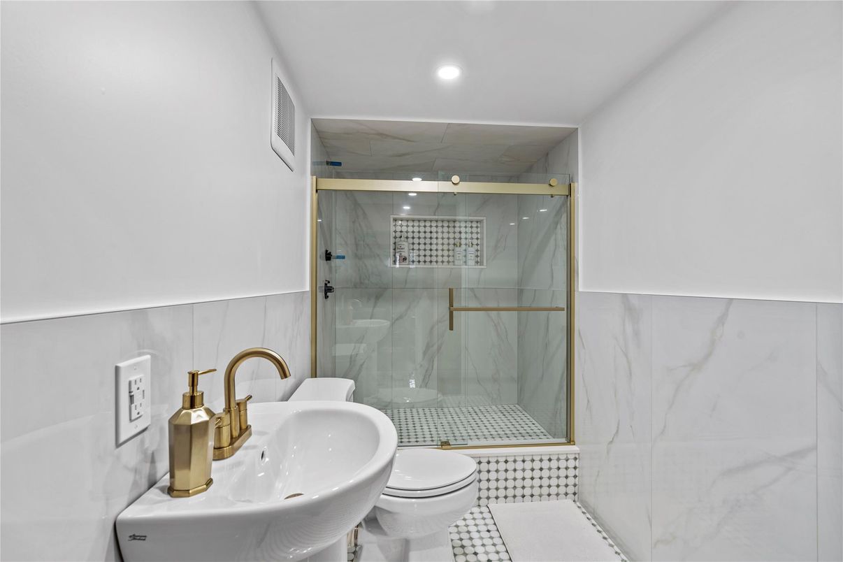 Bathroom, Glass Shower, Interior, Marble Walls, Recessed Lighting