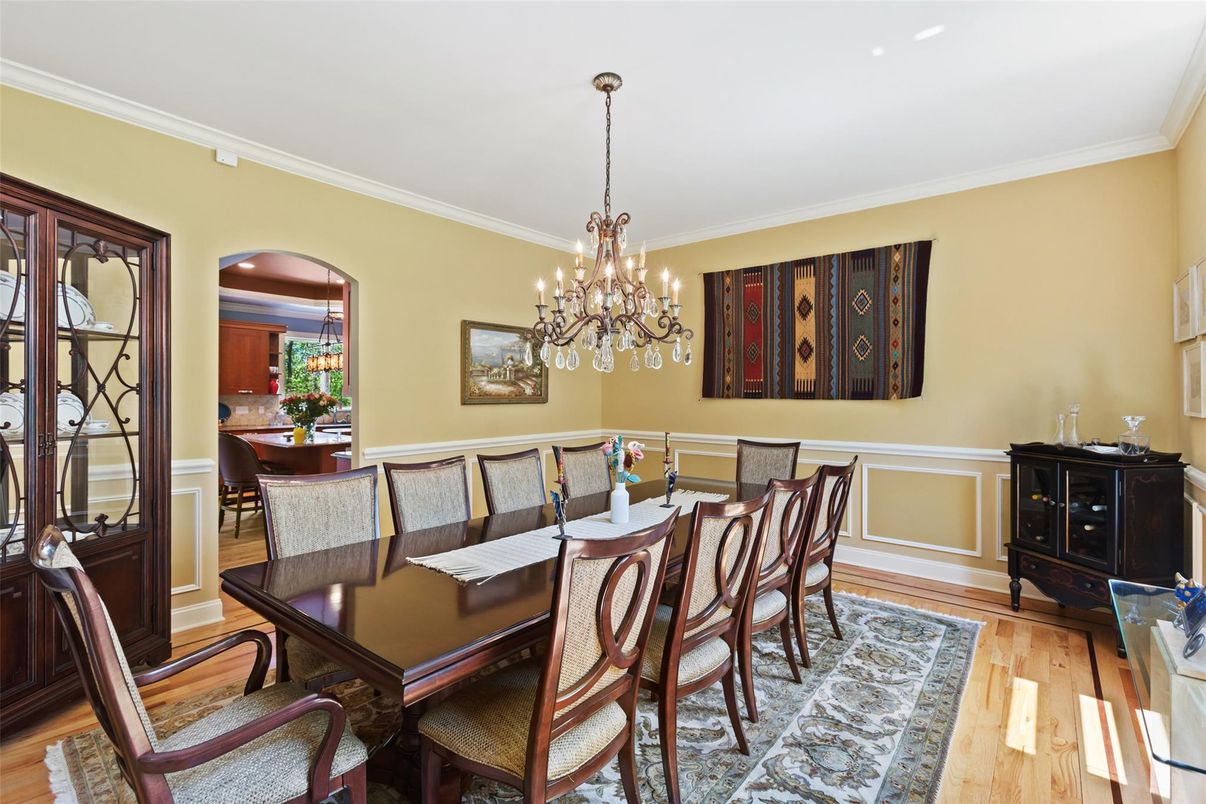 Chandelier, Dining room, Interior, Wood Texture Flooring