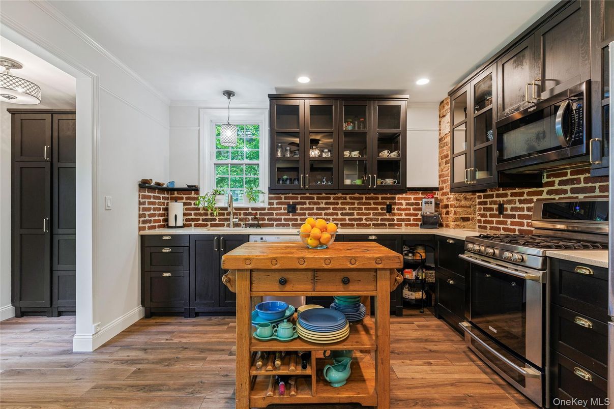 Interior, Kitchen, Pendant Lights, Recessed Lighting, Stainless Steel Appliances, Stone Walls, Wood Texture Flooring
