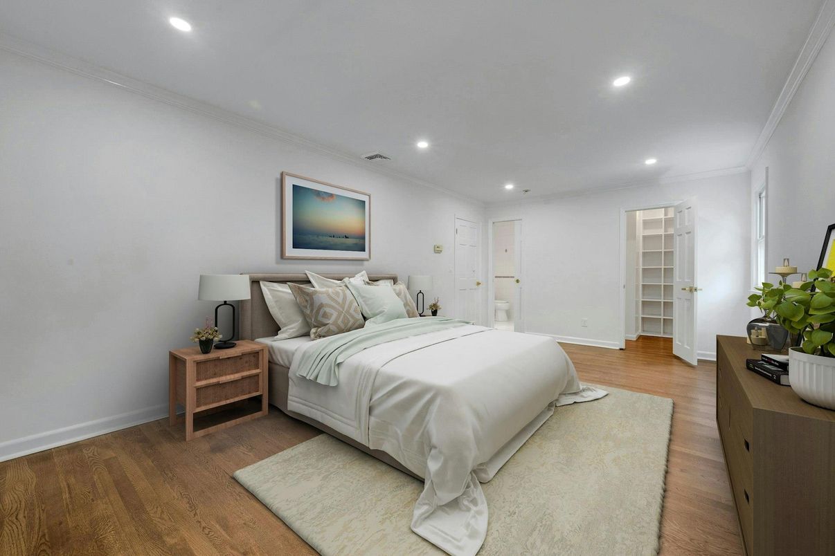 Bedroom, Interior, Recessed Lighting, Wood Texture Flooring