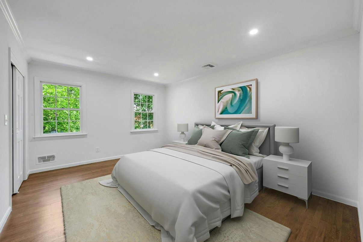 Bedroom, Interior, Recessed Lighting, Wood Texture Flooring