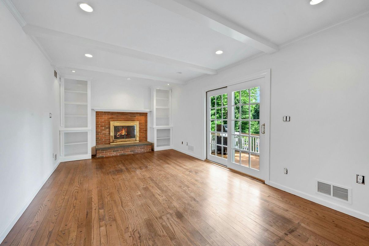 Empty room, Fireplace, Interior, Recessed Lighting, Wood Texture Flooring