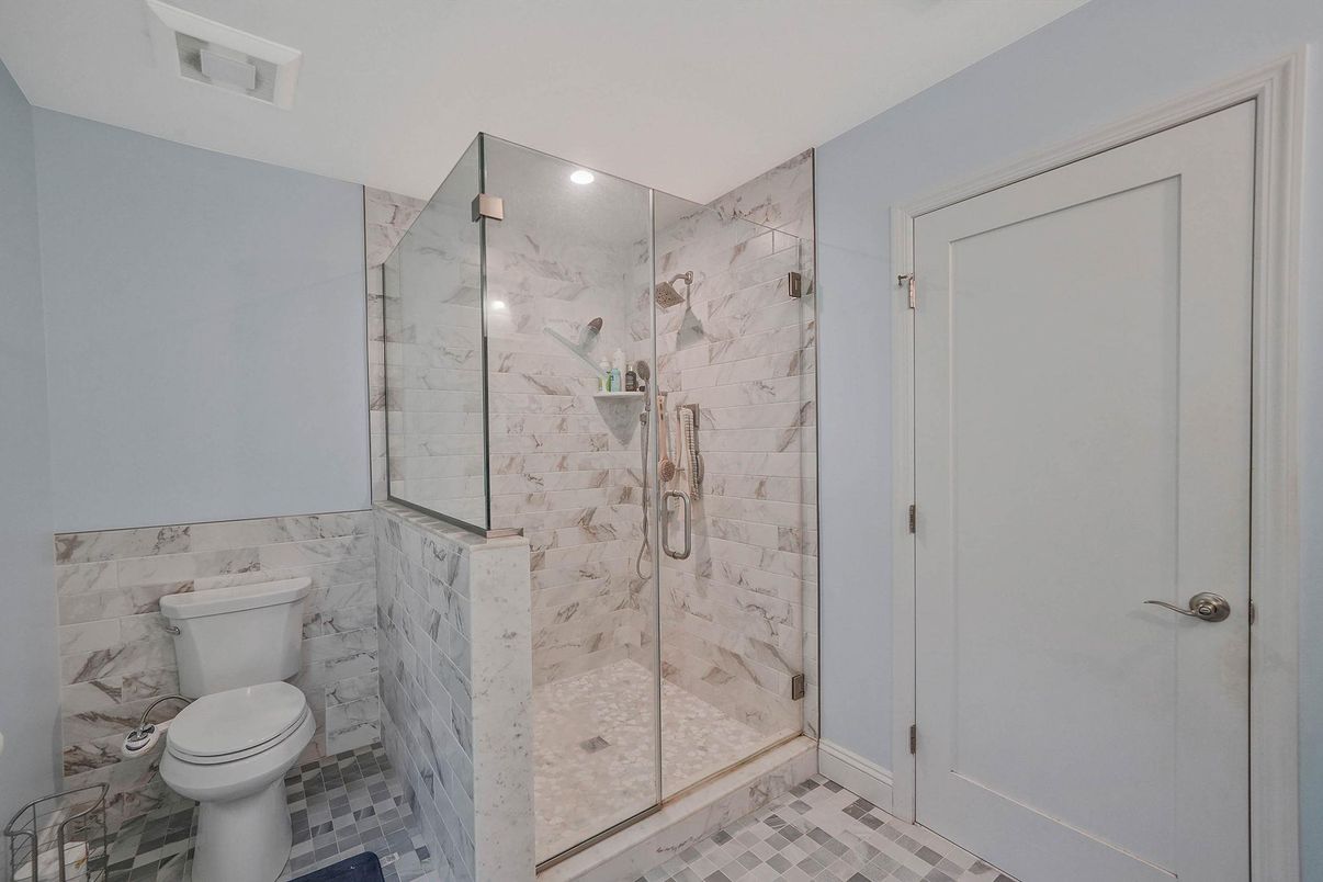 Bathroom, Glass Shower, Interior, Marble Walls, Recessed Lighting