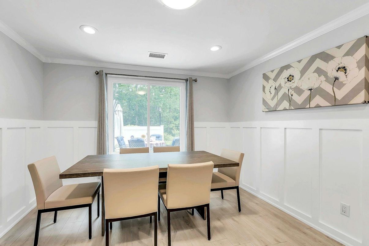 Dining room, Interior, Recessed Lighting, Wood Texture Flooring