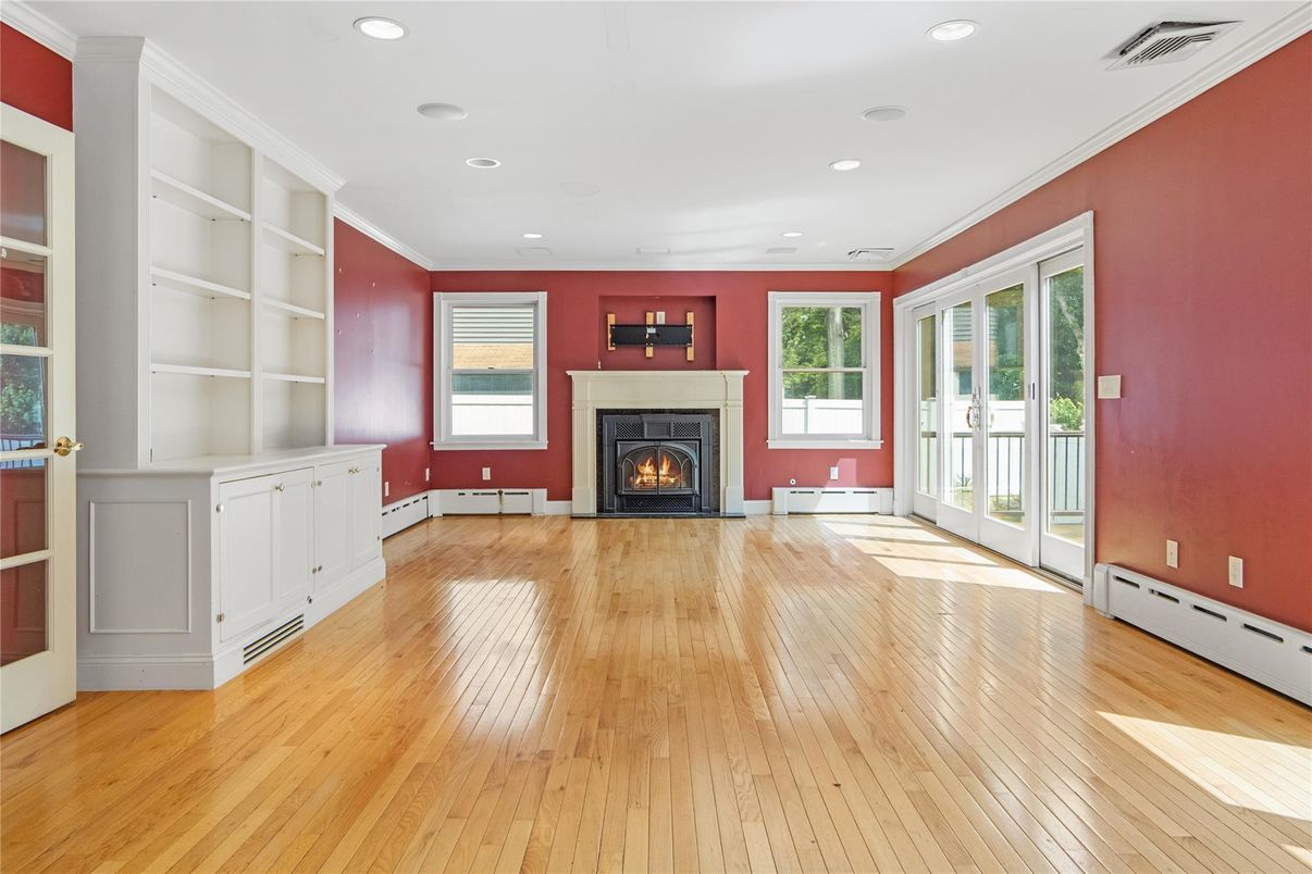 Empty room, Fireplace, Interior, Recessed Lighting, Wood Texture Flooring