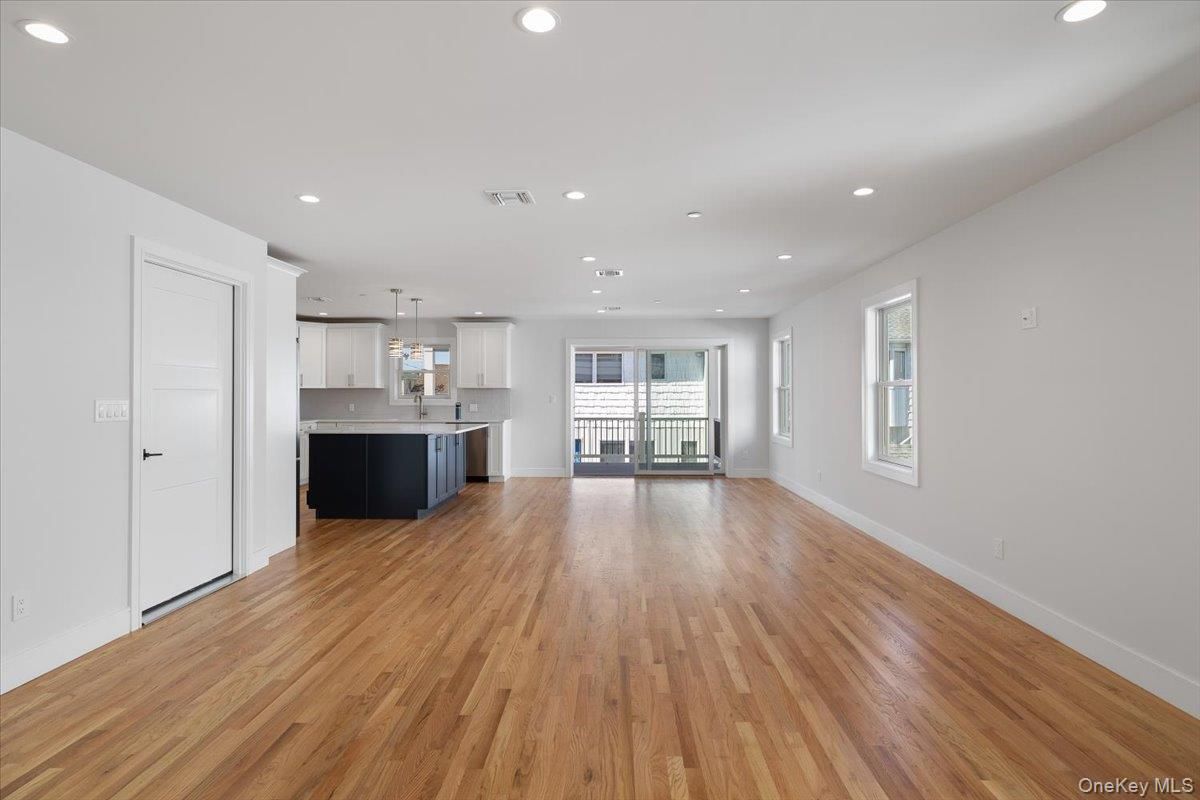 Empty room, Interior, Kitchen, Pendant Lights, Recessed Lighting, Wood Texture Flooring