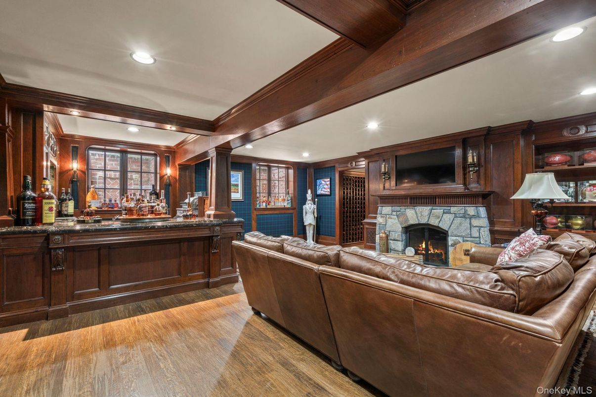 Fireplace, Interior, Living room, Recessed Lighting, Wooden Beams, Wood Texture Flooring, Wooden Walls