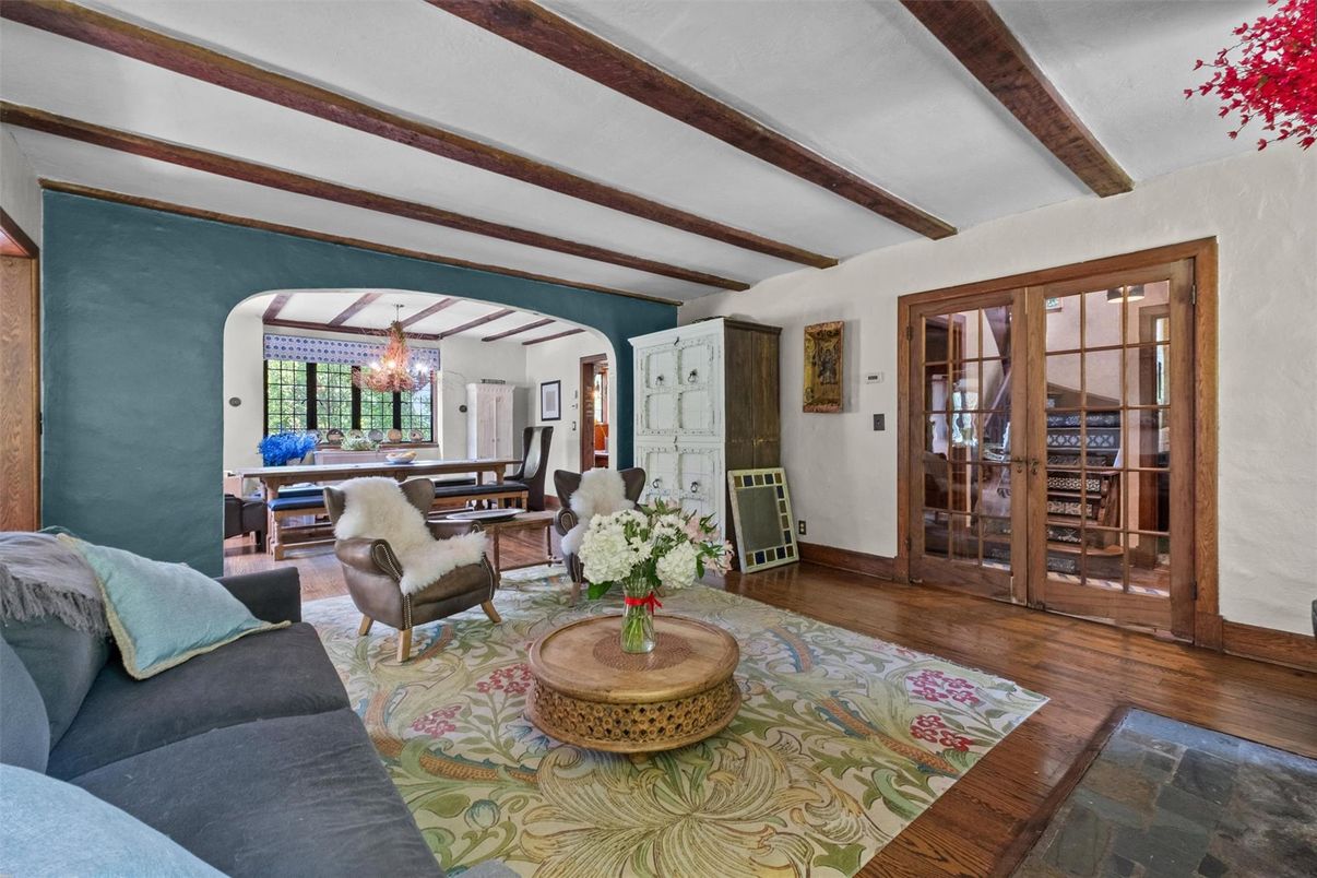 Chandelier, Dining room, Interior, Living room, Wooden Beams, Wood Texture Flooring