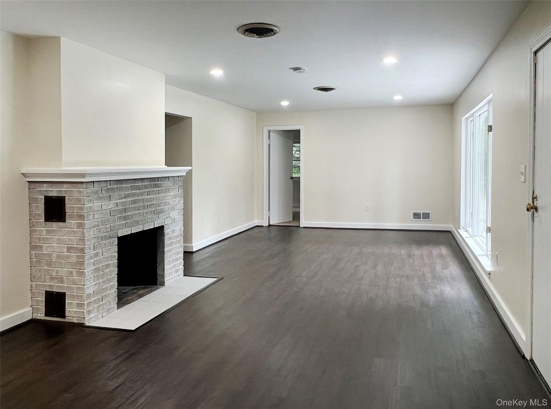Empty room, Fireplace, Interior, Recessed Lighting, Wood Texture Flooring