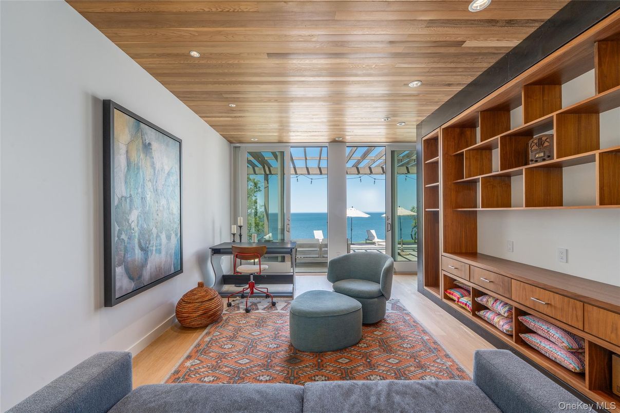 Home Office, Interior, Recessed Lighting, Water, Wooden Ceilings, Wood Texture Flooring