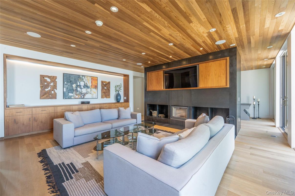 Fireplace, Interior, Living room, Recessed Lighting, Wooden Ceilings, Wood Texture Flooring