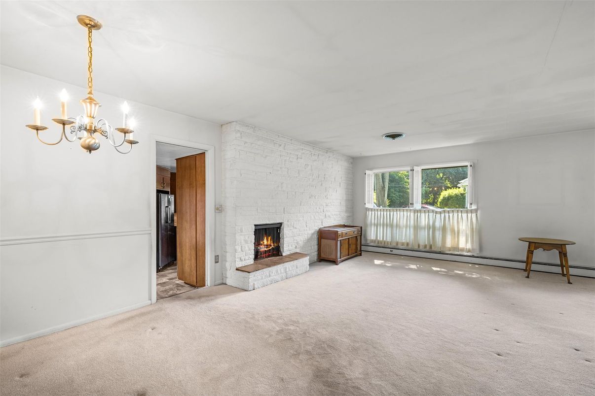 Chandelier, Empty room, Fireplace, Interior, Stone Walls