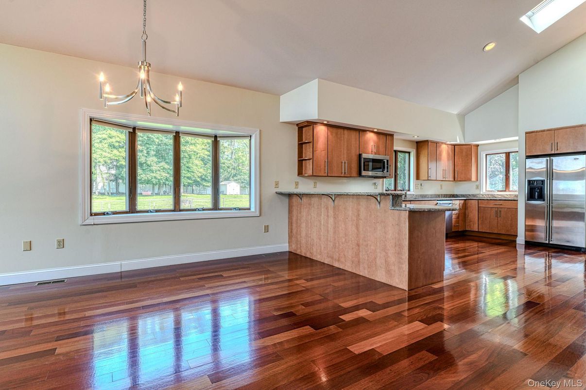 Chandelier, Interior, Kitchen, Recessed Lighting, Stainless Steel Appliances, Wood Texture Flooring