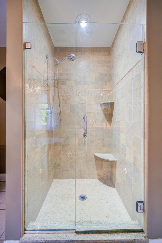 Bathroom, Glass Shower, Interior, Recessed Lighting, Stone Walls