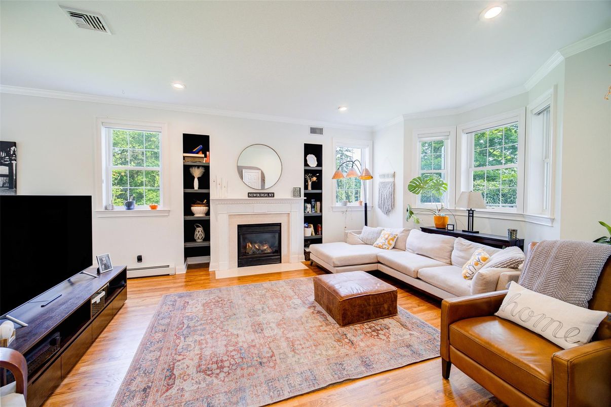 Fireplace, Interior, Living room, Recessed Lighting, Wood Texture Flooring