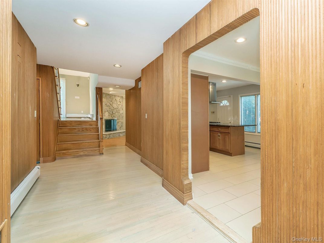 Fireplace, Interior, Recessed Lighting, Wood Texture Flooring, Wooden Walls