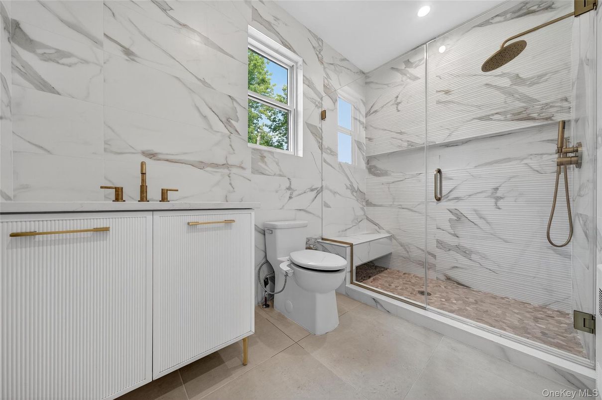 Bathroom, Glass Shower, Interior, Marble Walls, Recessed Lighting