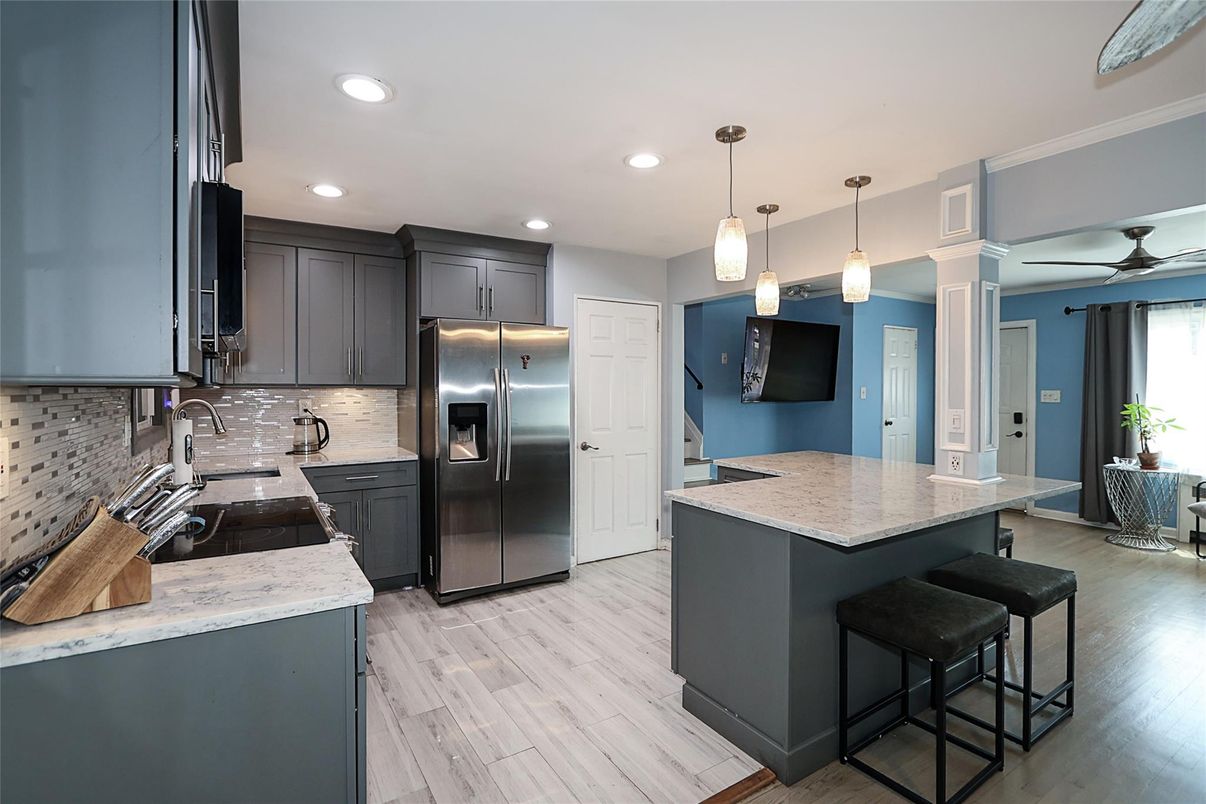 Interior, Kitchen, Pendant Lights, Recessed Lighting, Stainless Steel Appliances, Wood Texture Flooring