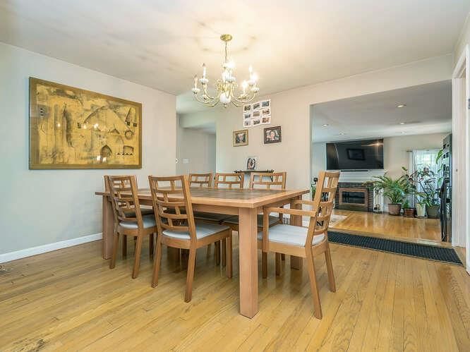 Chandelier, Dining room, Fireplace, Interior, Recessed Lighting, Wood Texture Flooring
