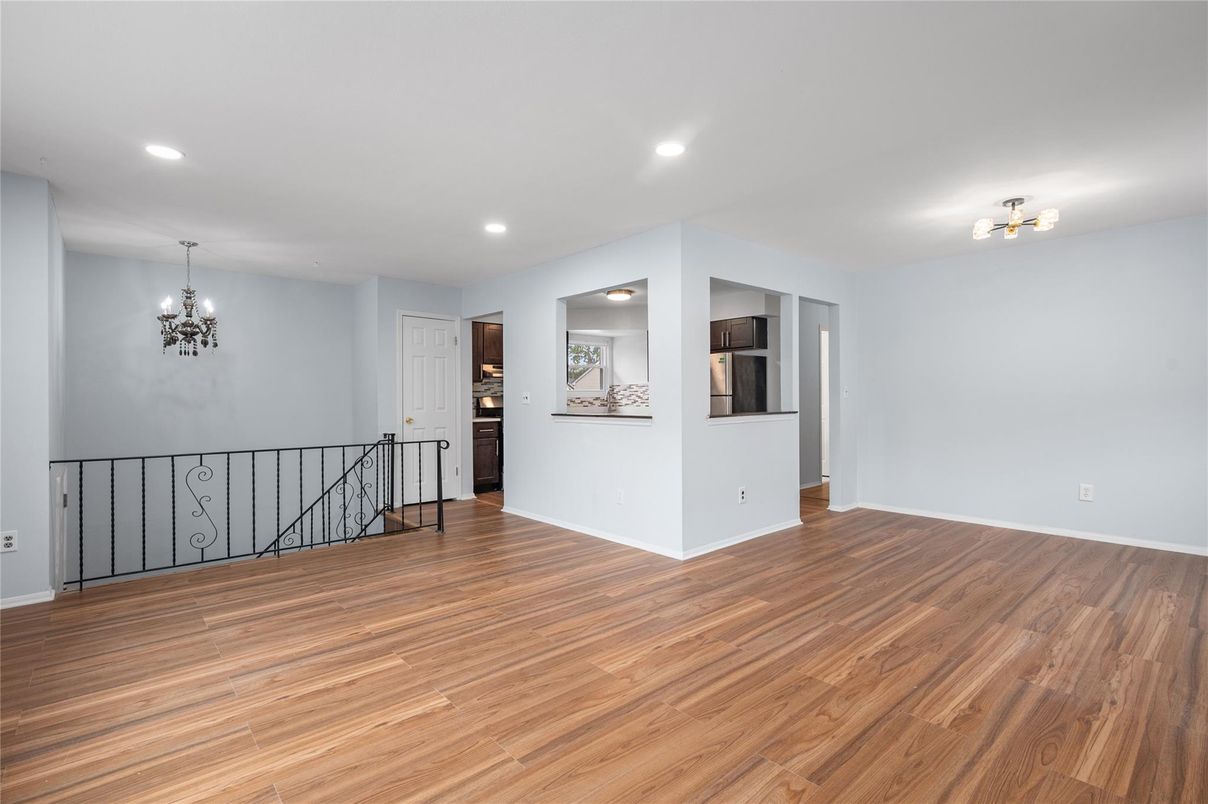 Chandelier, Empty room, Interior, Recessed Lighting, Wood Texture Flooring