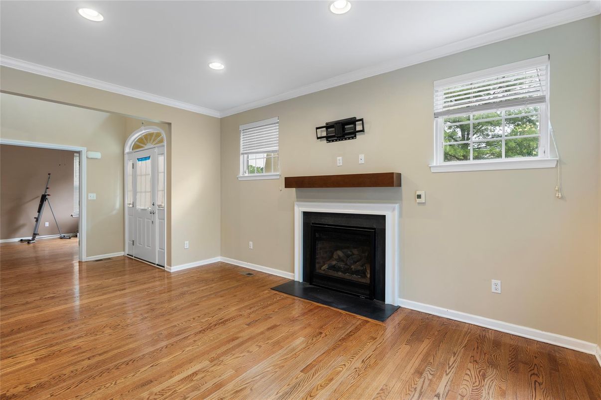 Empty room, Fireplace, Interior, Recessed Lighting, Wood Texture Flooring