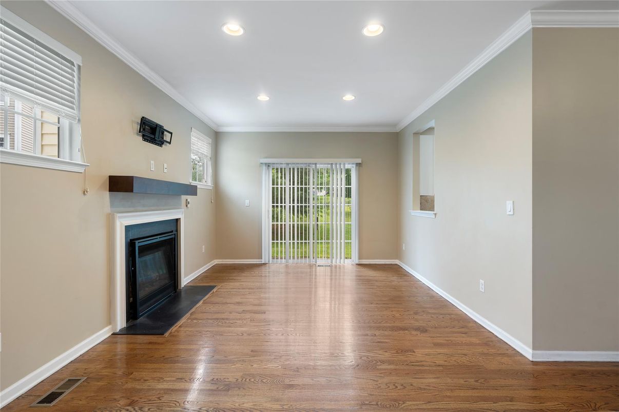 Empty room, Fireplace, Interior, Recessed Lighting, Wood Texture Flooring