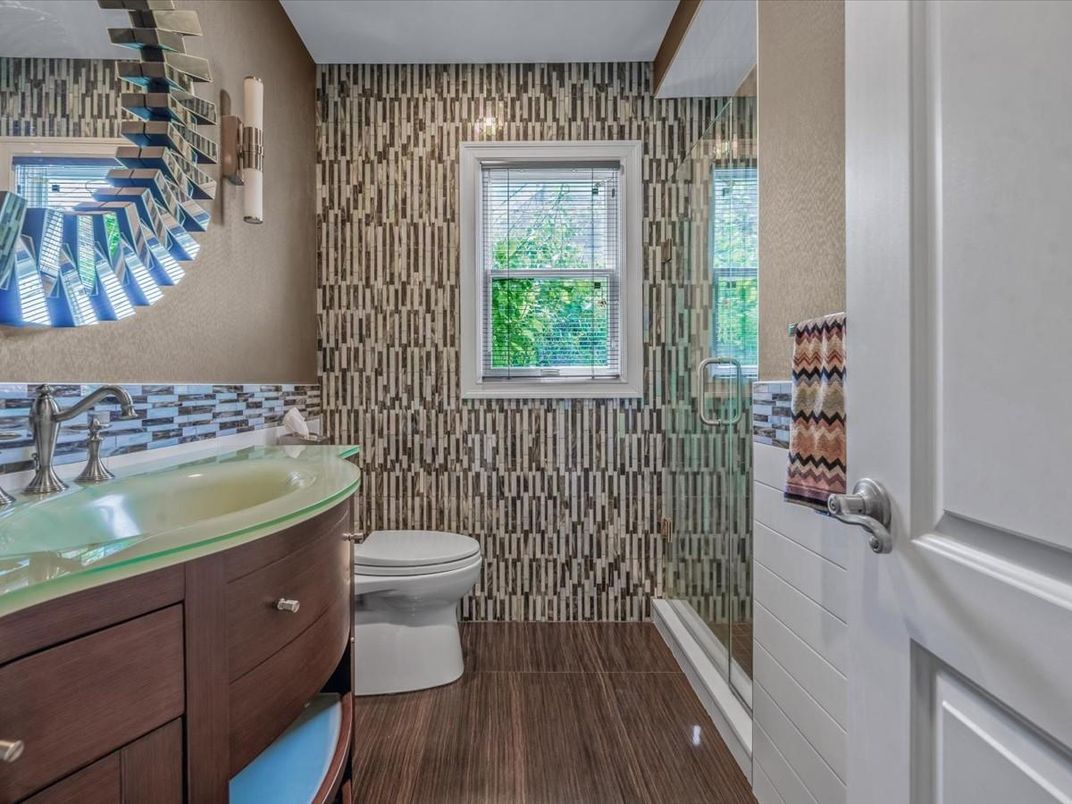 Bathroom, Glass Shower, Interior, Wood Texture Flooring