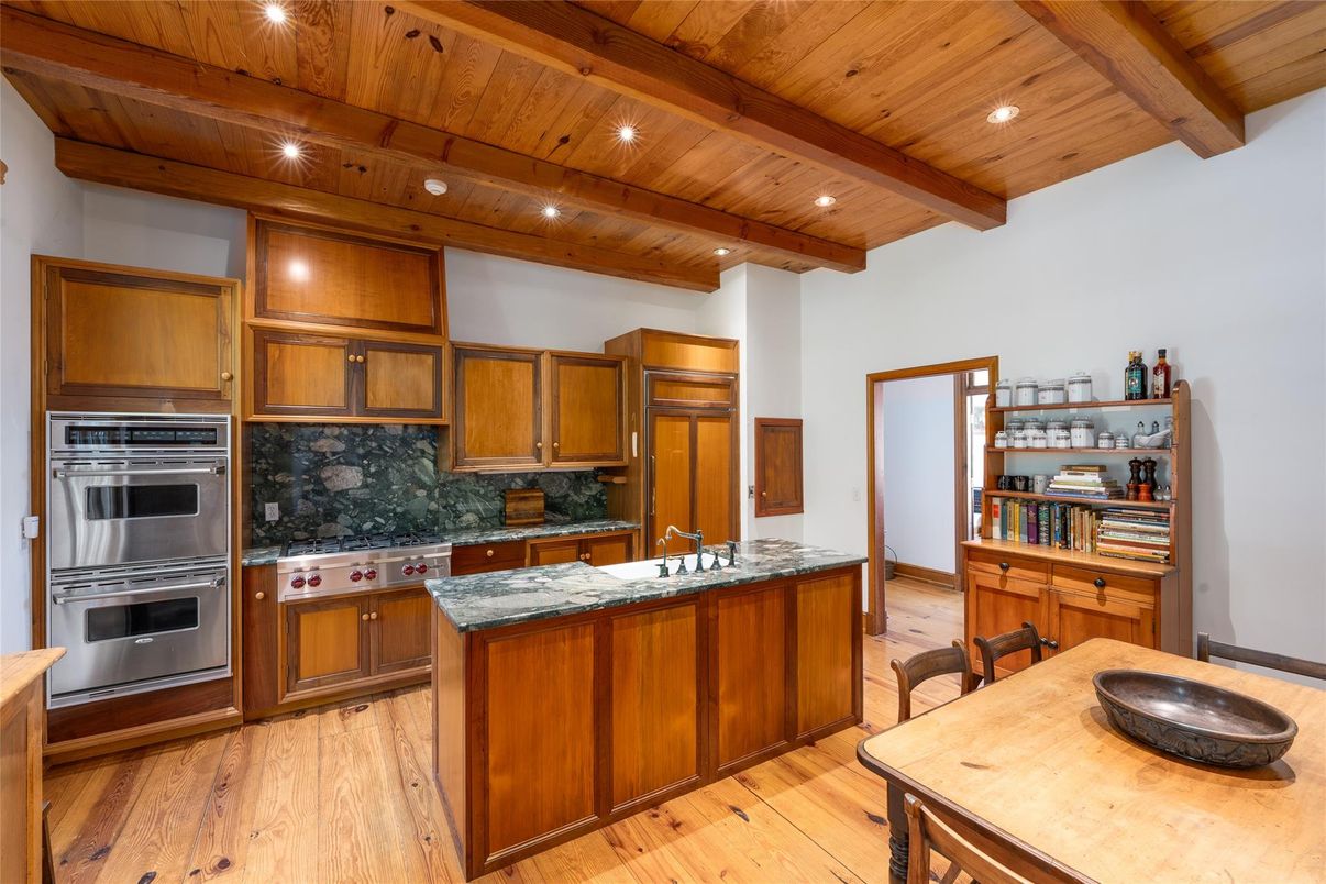 Interior, Kitchen, Recessed Lighting, Stainless Steel Appliances, Wooden Beams, Wooden Ceilings, Wood Texture Flooring