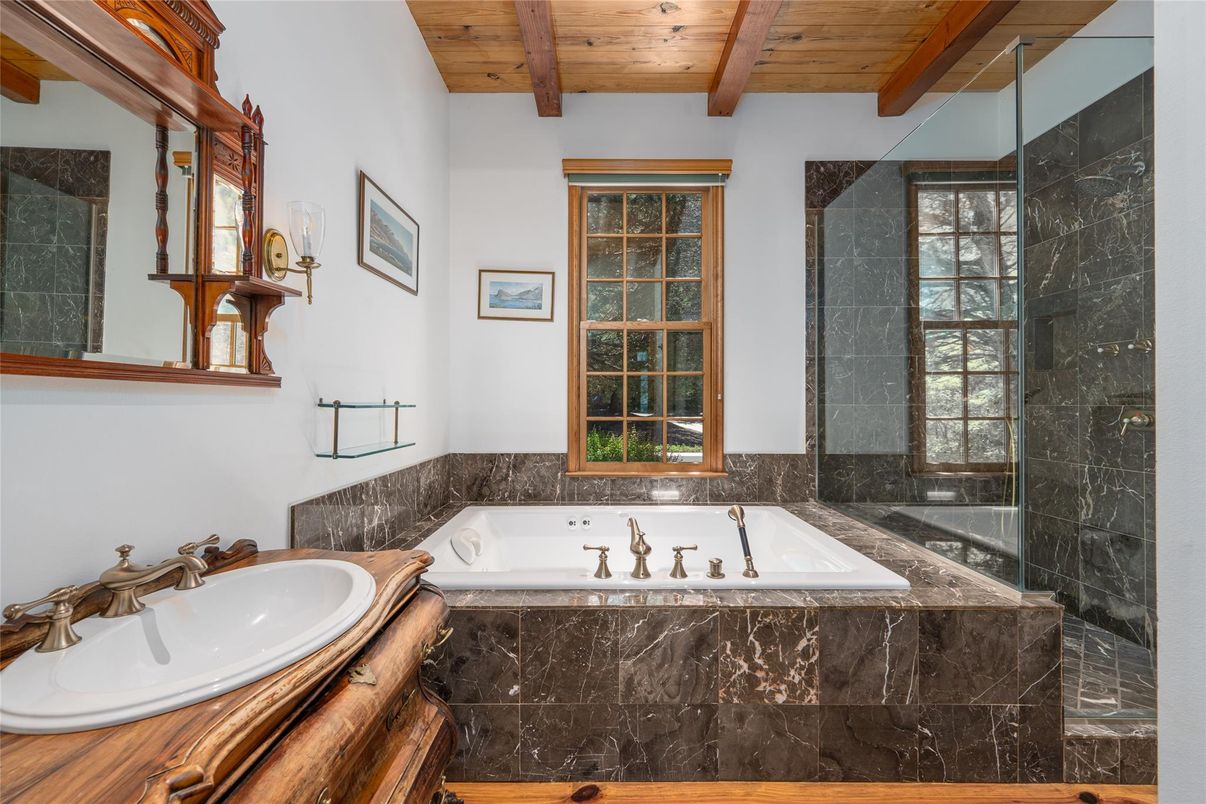 Bathroom, Glass Shower, Interior, Wooden Beams, Wooden Ceilings