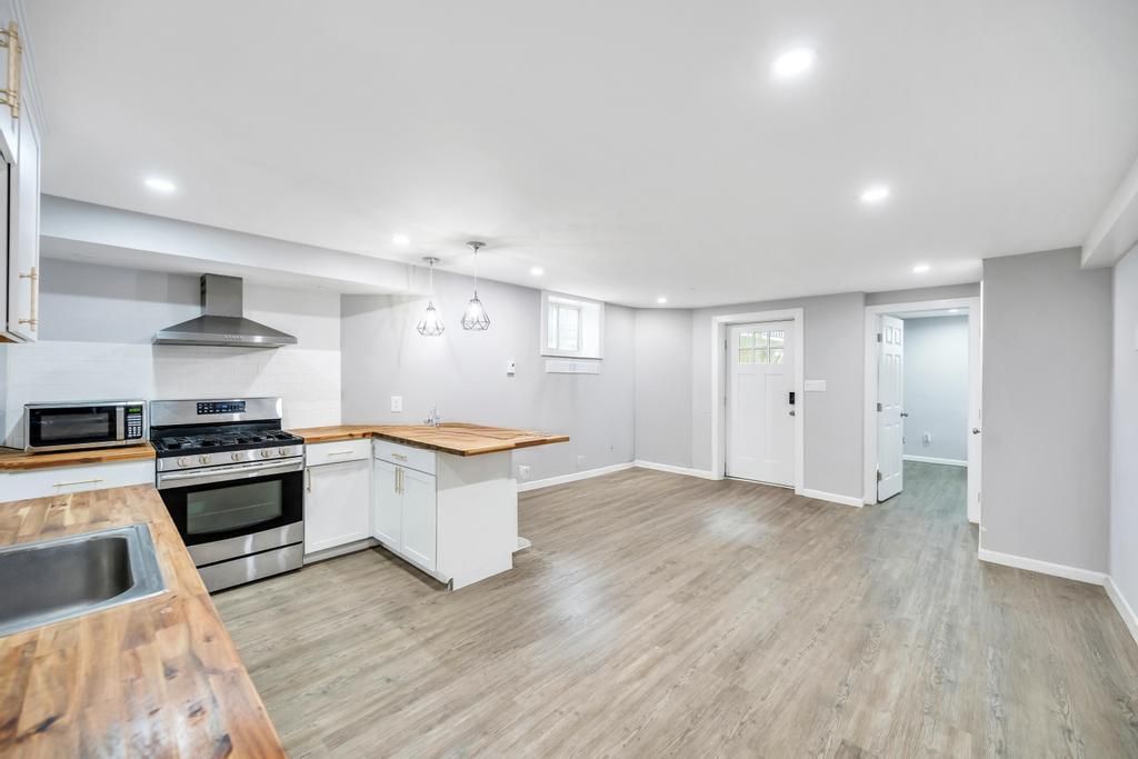 Interior, Kitchen, Pendant Lights, Recessed Lighting, Stainless Steel Appliances, Wood Texture Flooring