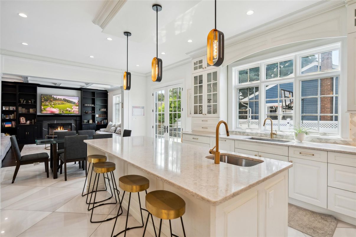 Dining room, Fireplace, Interior, Kitchen, Living room, Pendant Lights, Recessed Lighting