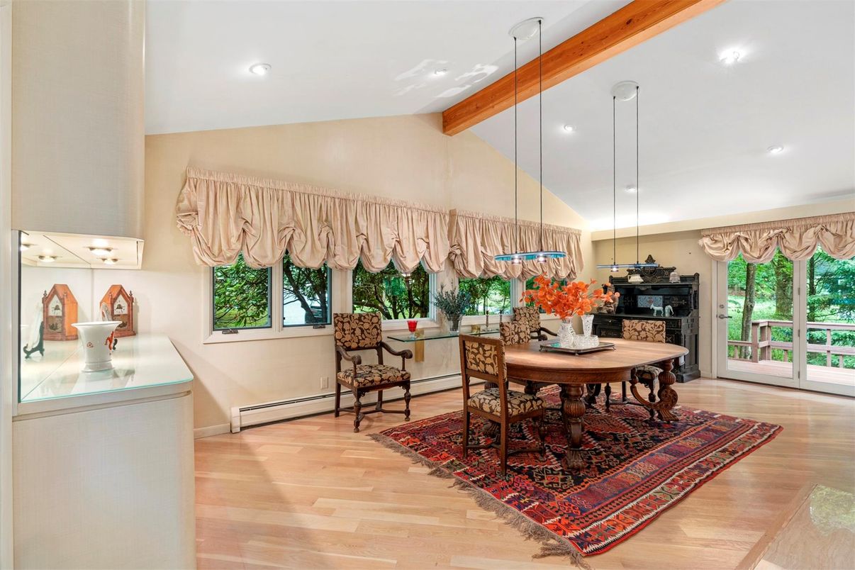 Dining room, Interior, Pendant Lights, Recessed Lighting, Wooden Beams, Wood Texture Flooring
