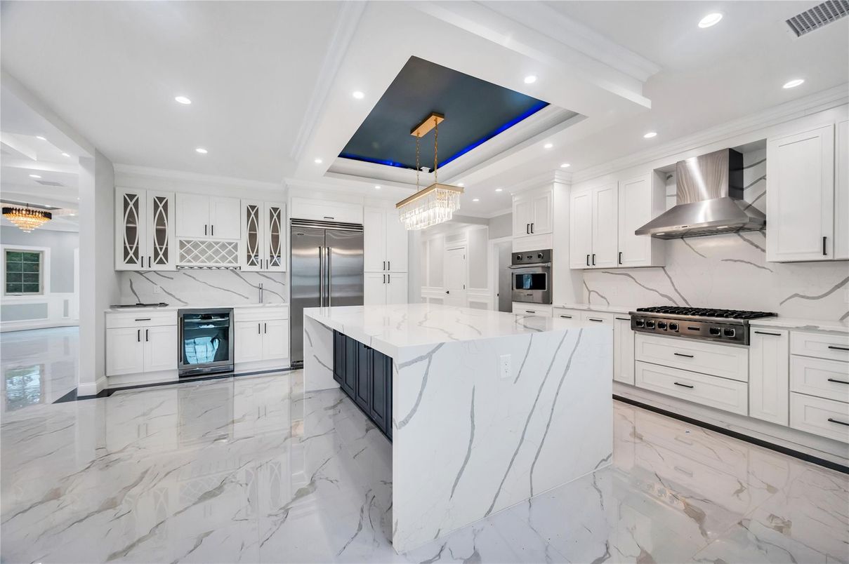 Interior, Kitchen, Marble, Pendant Lights, Recessed Lighting, Stainless Steel Appliances