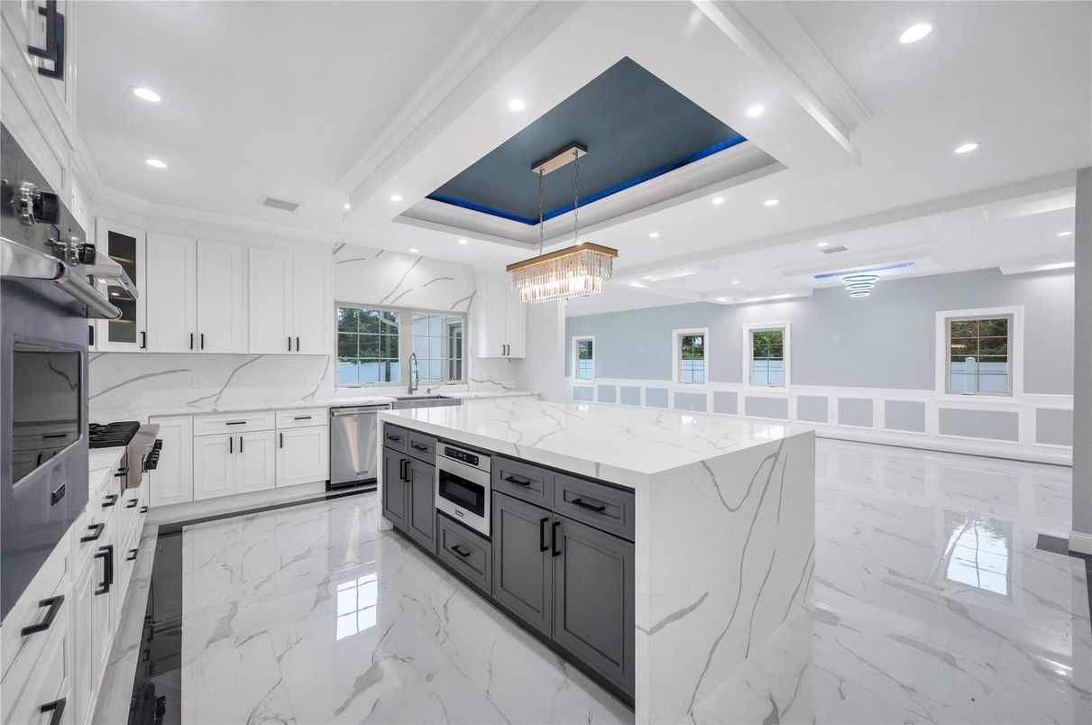Interior, Kitchen, Marble, Pendant Lights, Recessed Lighting, Stainless Steel Appliances
