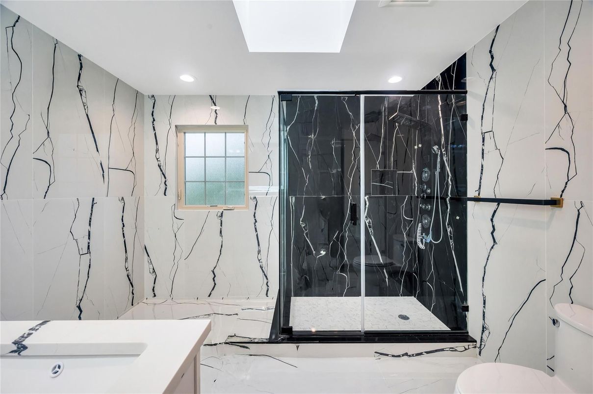 Bathroom, Glass Shower, Interior, Marble, Marble Walls, Recessed Lighting