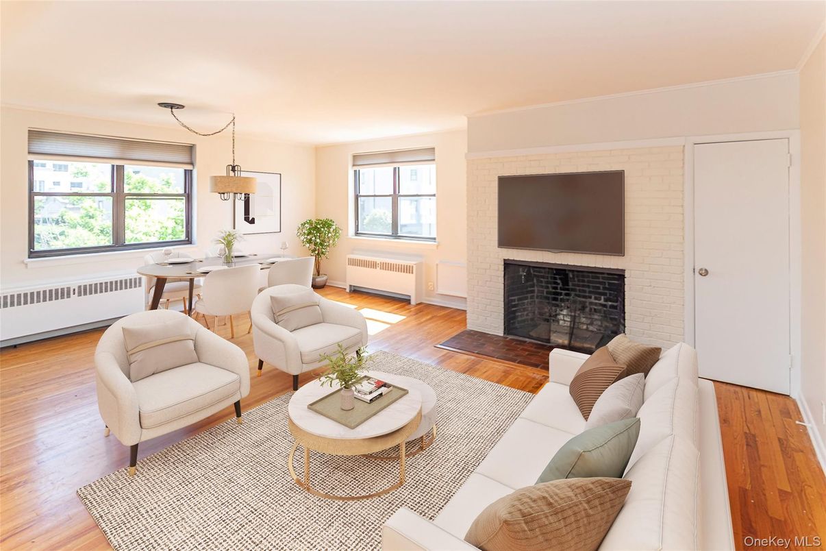 Dining room, Fireplace, Interior, Living room, Pendant Lights, Stone Walls, Wood Texture Flooring