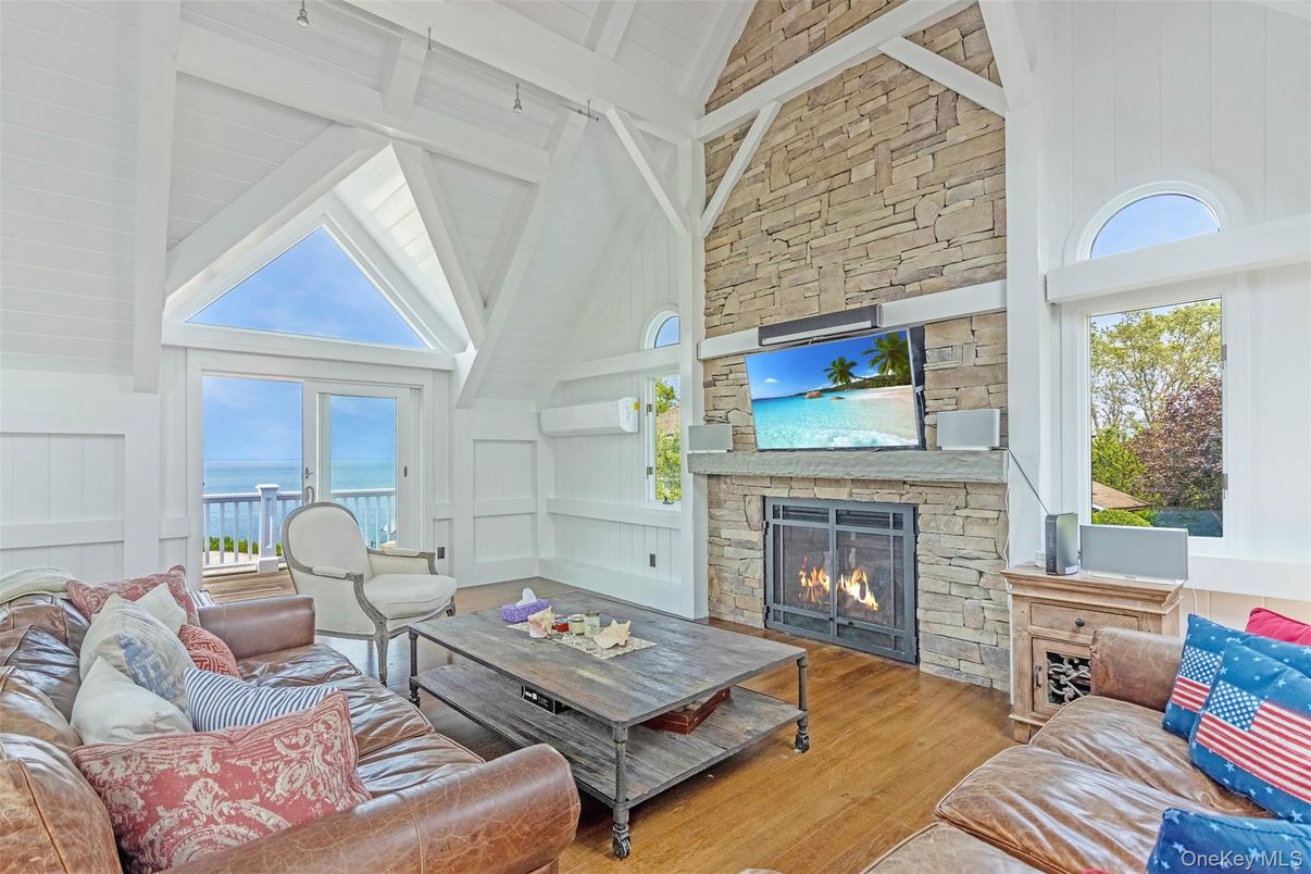 Fireplace, Interior, Living room, Stone Walls, Water, Wood Texture Flooring