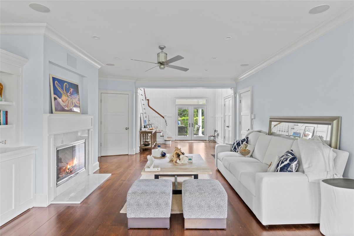 Fireplace, Interior, Living room, Recessed Lighting, Wood Texture Flooring