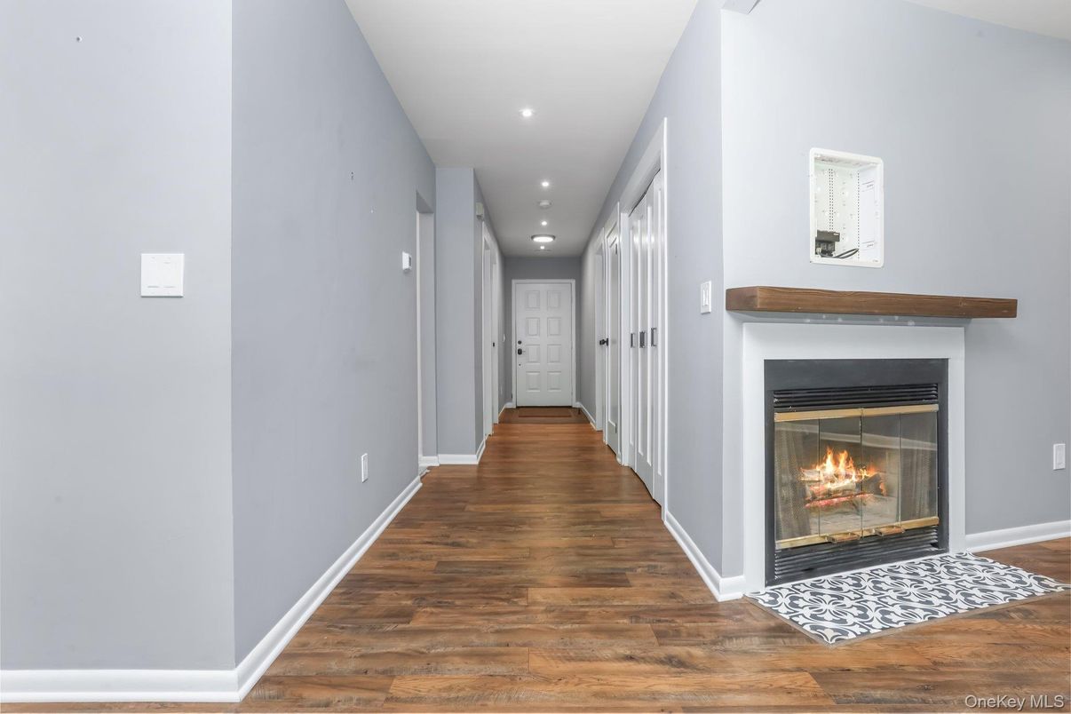 Fireplace, Interior, Recessed Lighting, Wood Texture Flooring