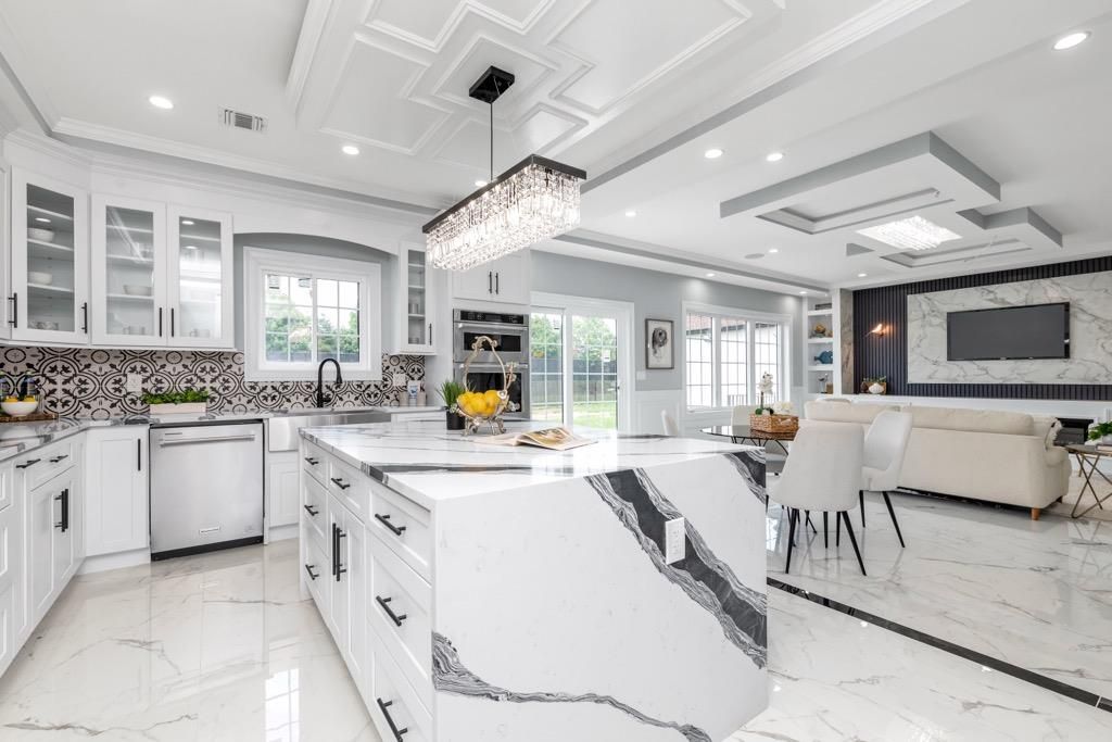 Chandelier, Dining room, Interior, Kitchen, Living room, Marble, Recessed Lighting, Stainless Steel Appliances