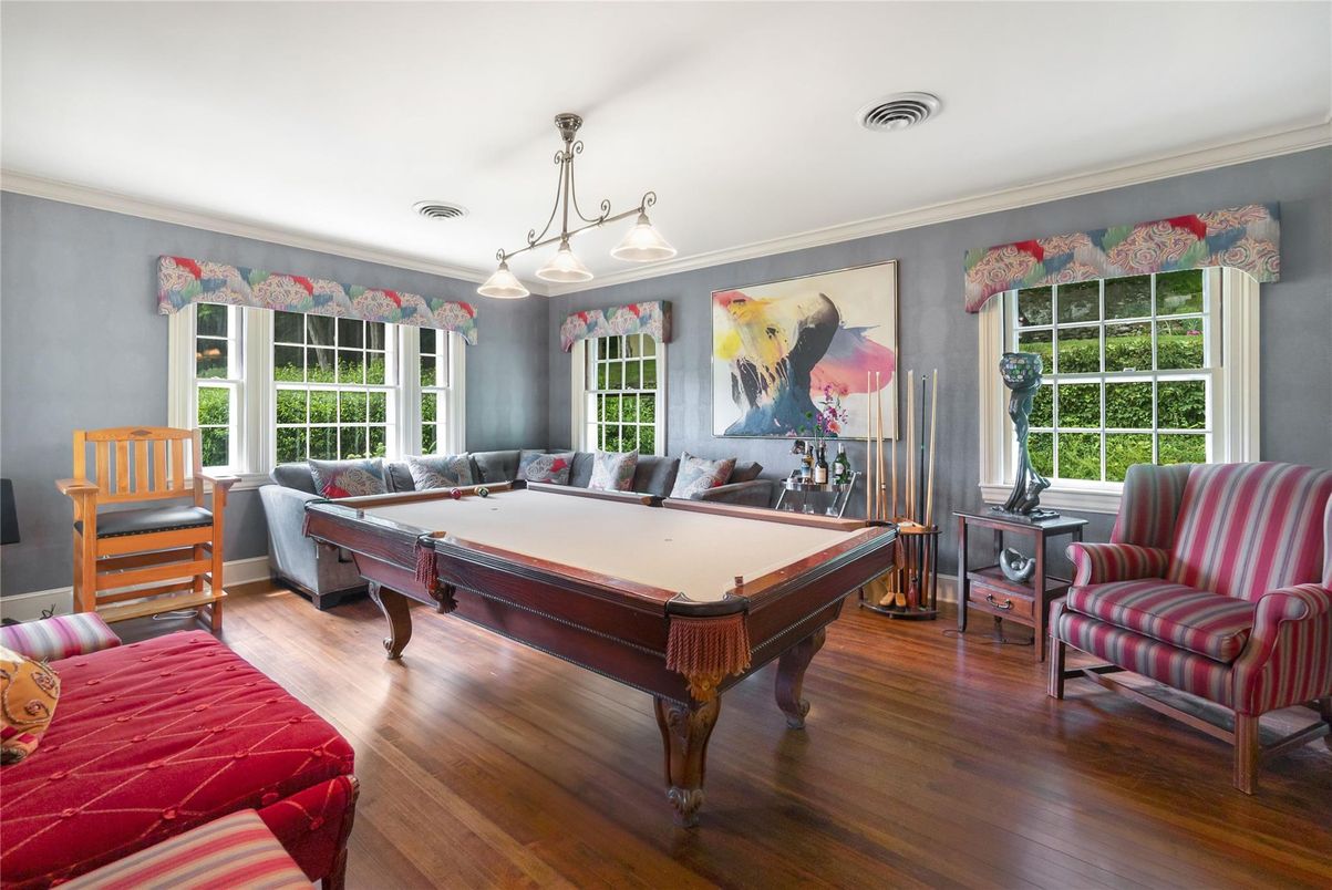 Billiard Table, Chandelier, Game Room, Interior, Wood Texture Flooring