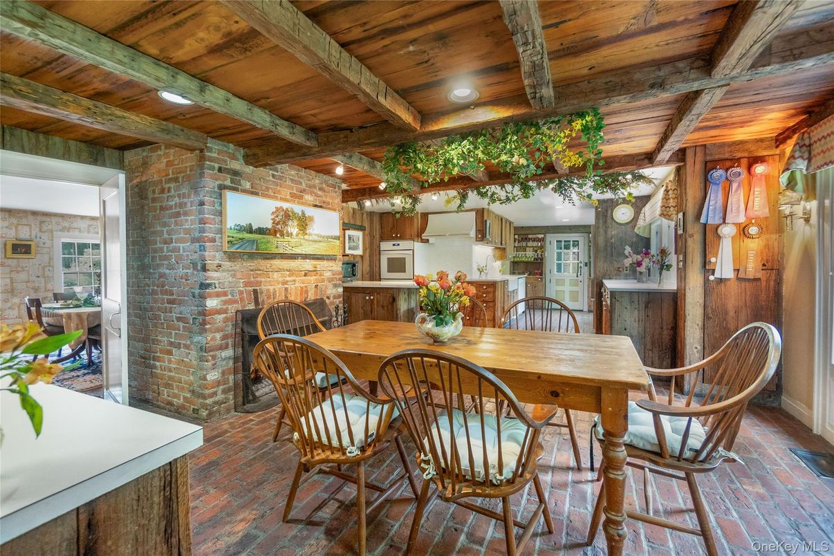 Dining room, Fireplace, Interior, Kitchen, Stone Walls, Wooden Beams, Wooden Ceilings