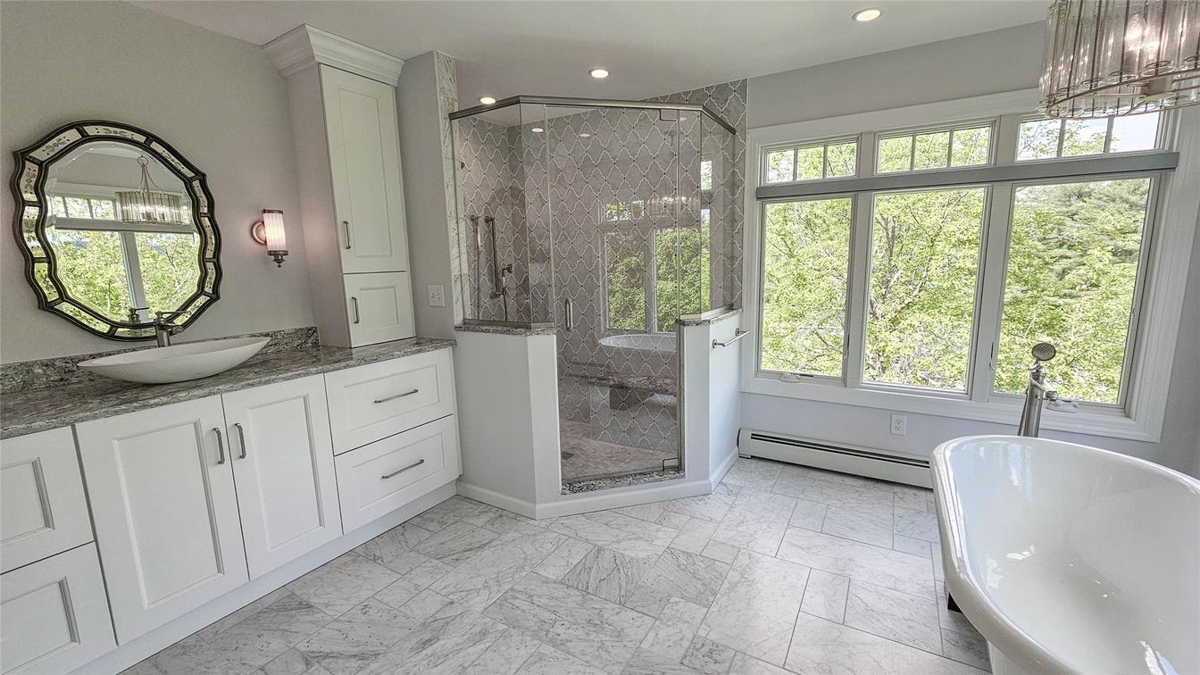 Bathroom, Dual Sink Vanities, Free Standing Baths, Glass Shower, Interior, Marble, Recessed Lighting