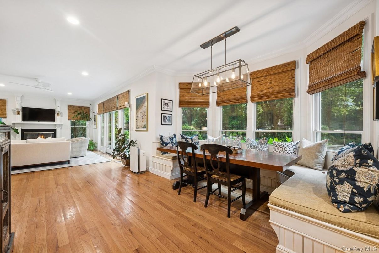 Dining room, Fireplace, Interior, Living room, Pendant Lights, Recessed Lighting, Wood Texture Flooring