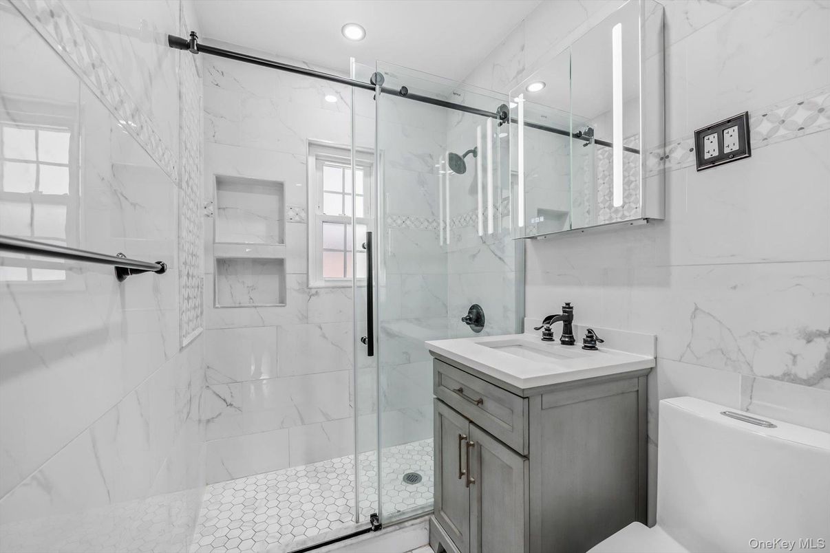 Bathroom, Glass Shower, Interior, Marble Walls, Recessed Lighting