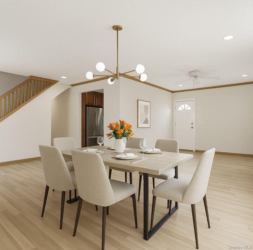 Dining room, Interior, Kitchen, Pendant Lights, Recessed Lighting, Stainless Steel Appliances, Wood Texture Flooring