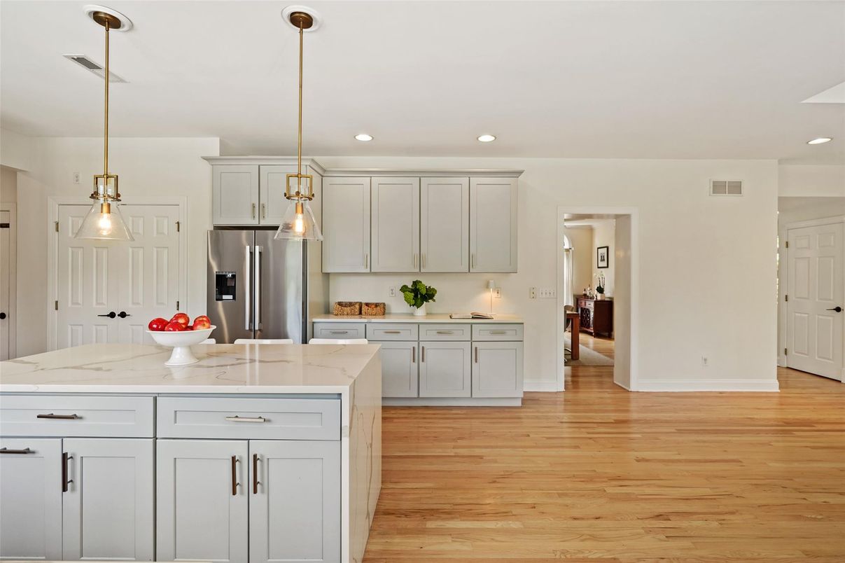 Interior, Kitchen, Pendant Lights, Recessed Lighting, Stainless Steel Appliances, Wood Texture Flooring